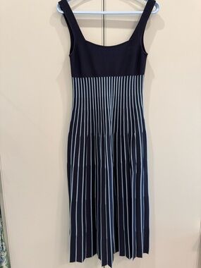 STAUD Ellison Striped Pleated Midi Dress. Navy and light blue stripes.